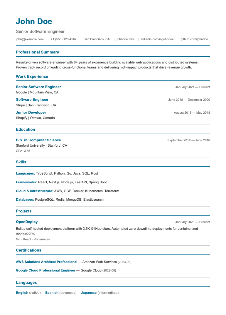 Australian Public Service resume template preview