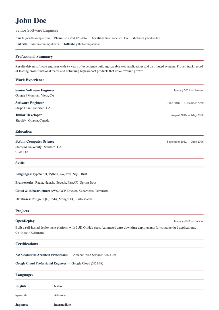 Canadian Federal resume template preview