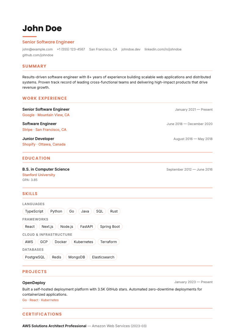 Coral resume template preview