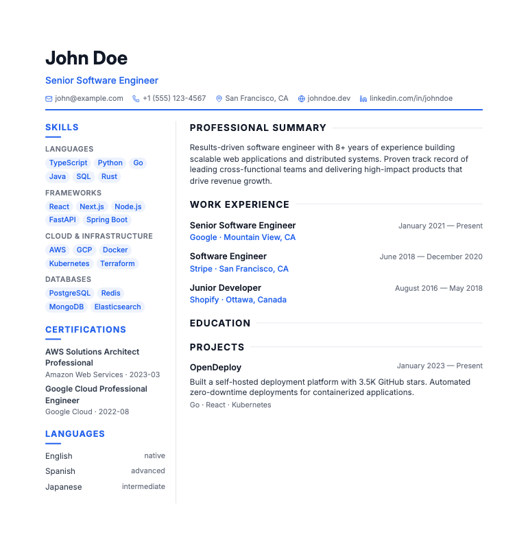 European resume template preview