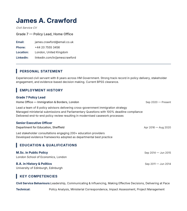 Civil Service resume template preview