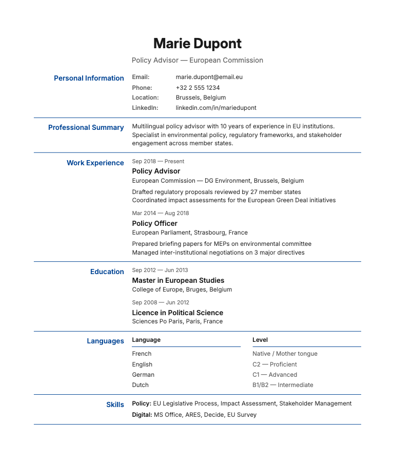 Europass resume template preview