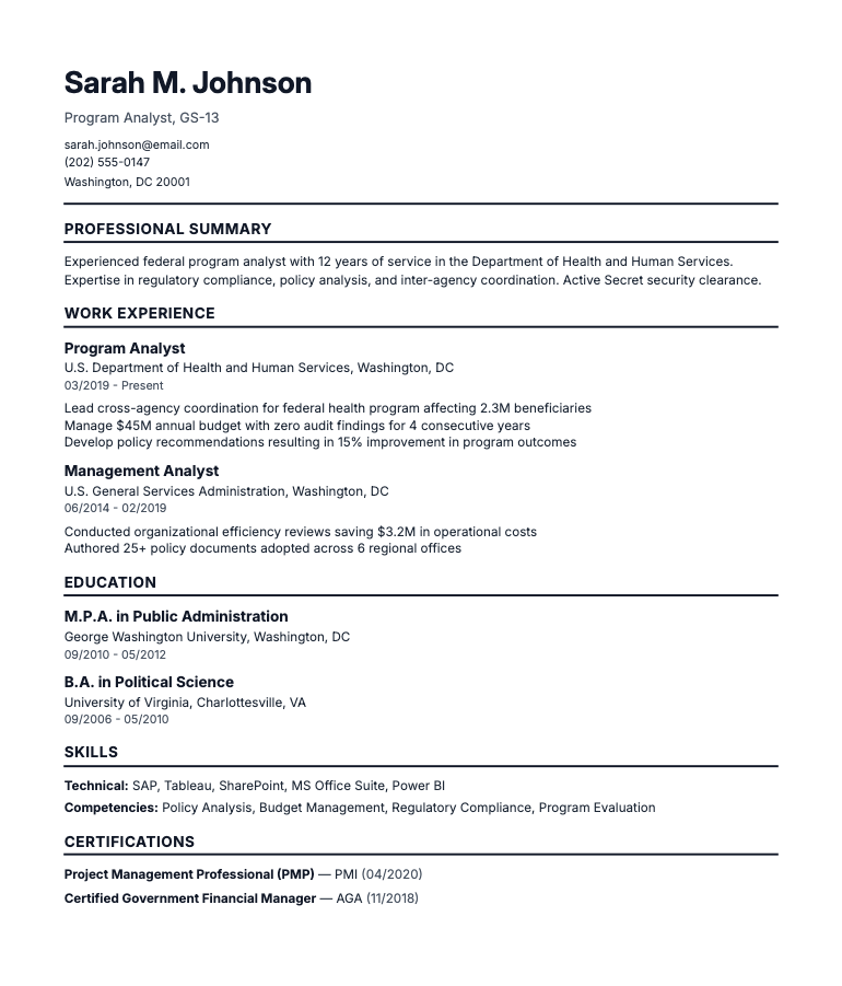 Federal resume template preview