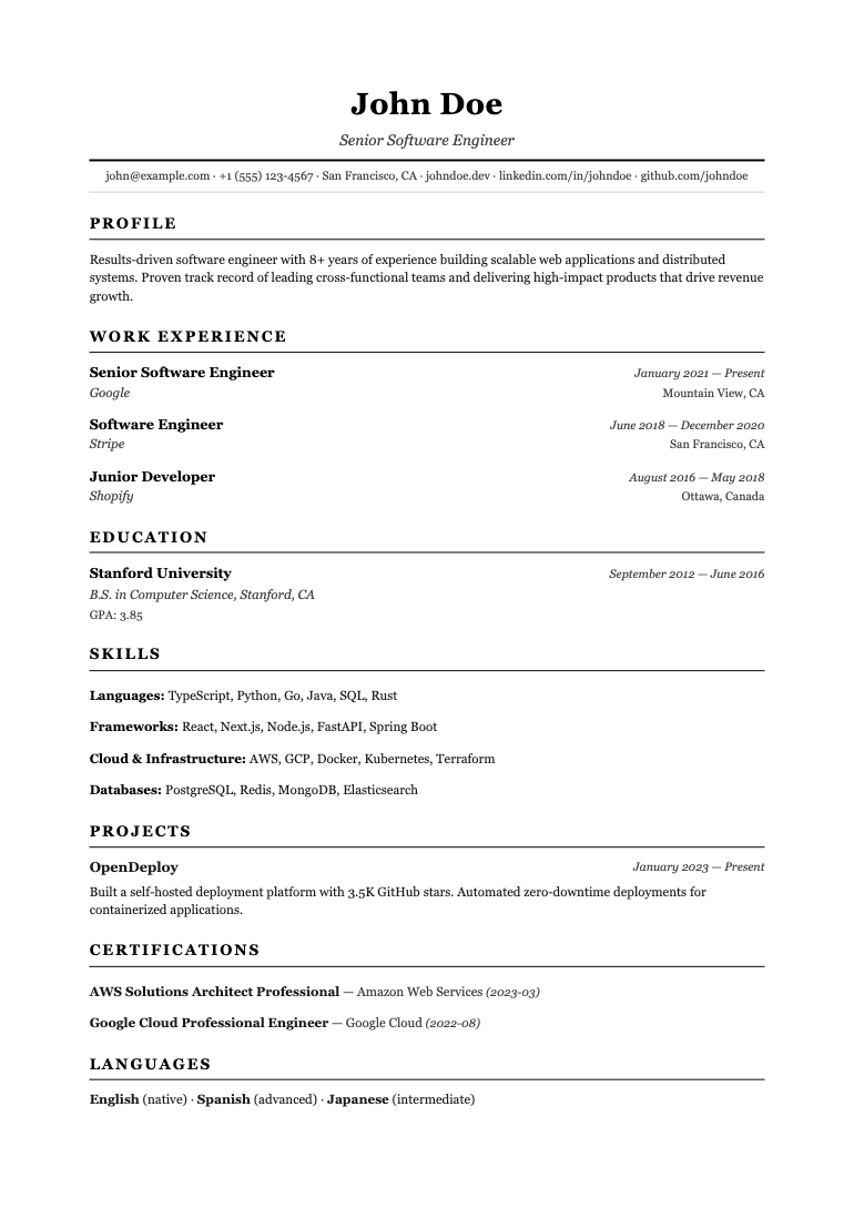 Harvard resume template preview
