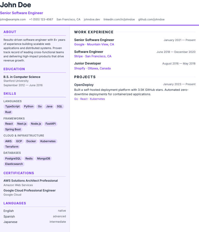 Hybrid Skills resume template preview