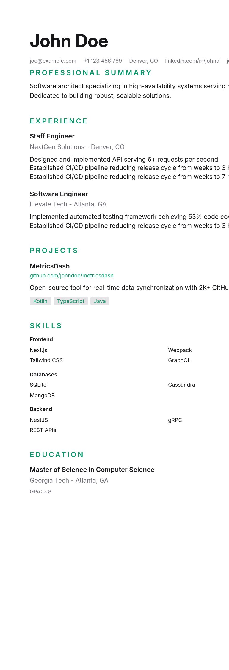 Jade resume template preview