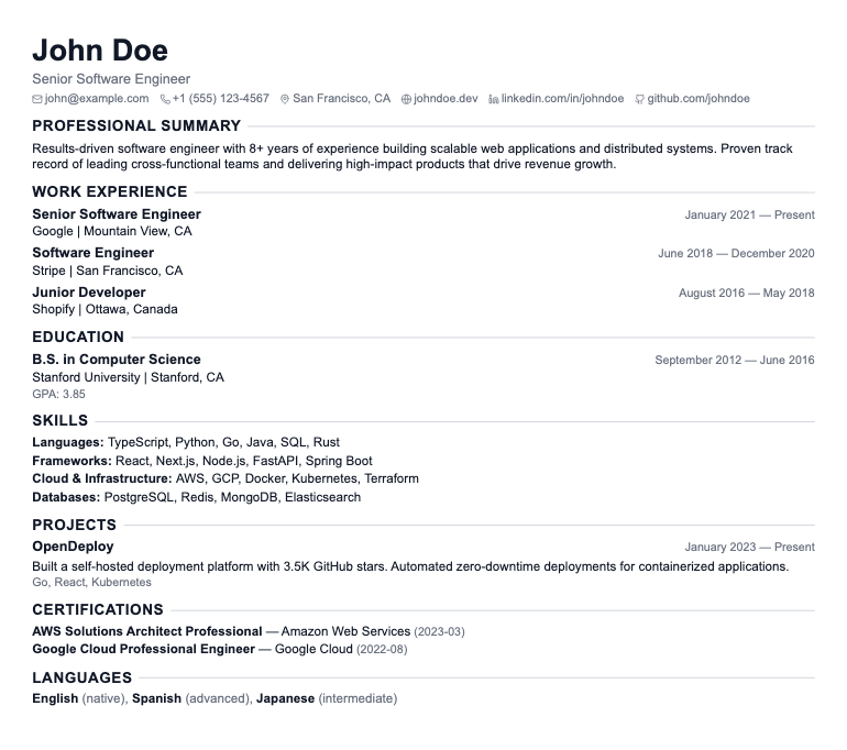One-Pager Max resume template preview