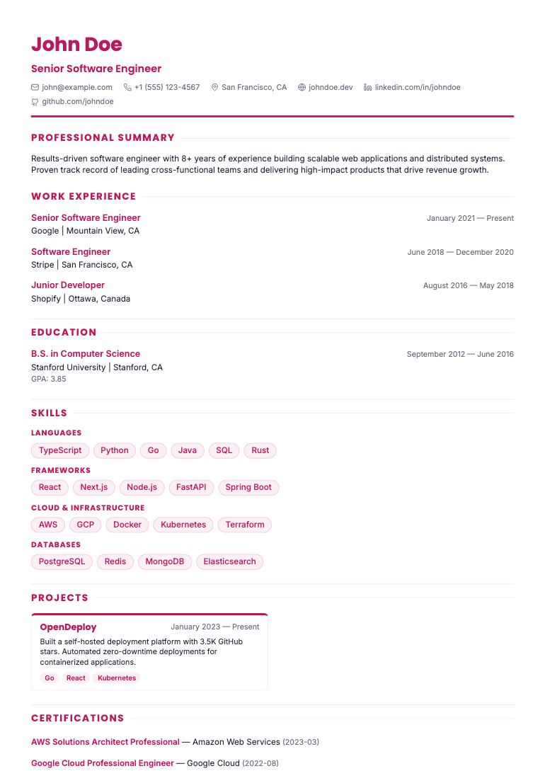 Portfolio Hybrid resume template preview