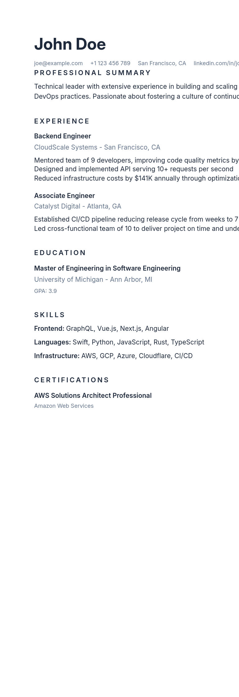Quartz resume template preview