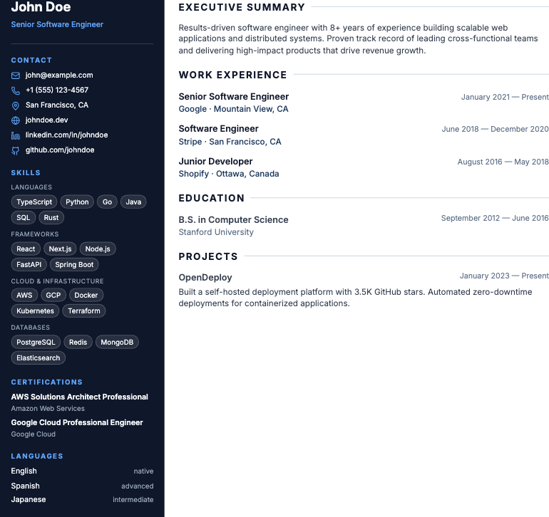 Sidebar Skills resume template preview