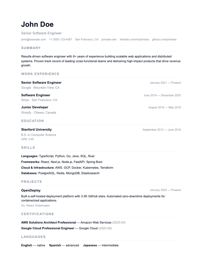 Simple resume template preview