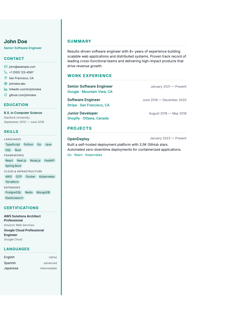Spearmint resume template preview