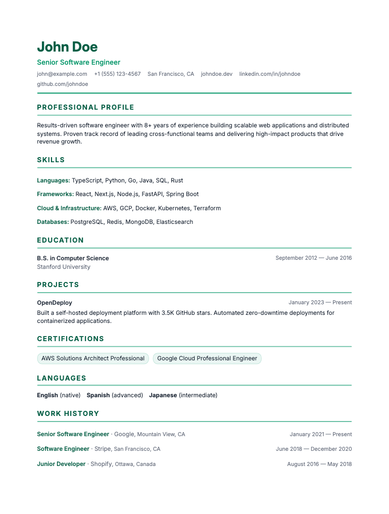 Transferable resume template preview