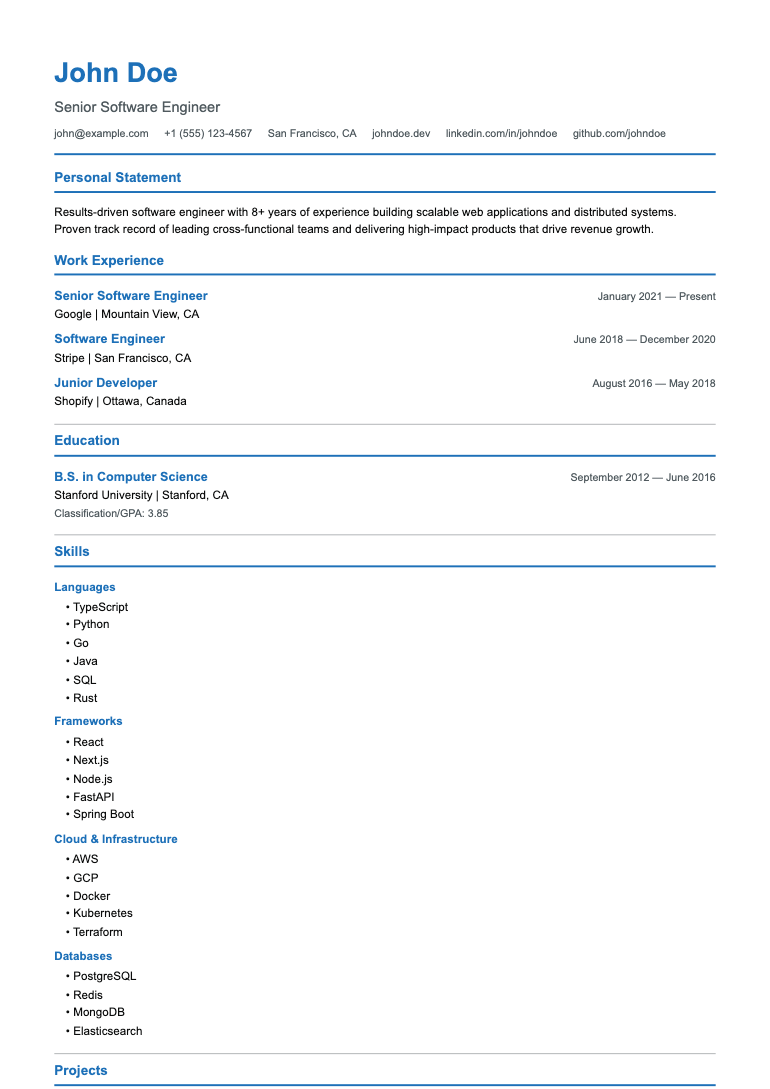 UK Civil Service resume template preview