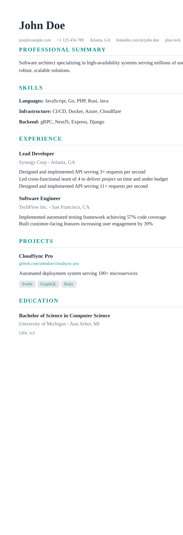 Vertex resume template preview